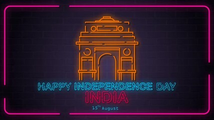 Looping 4K vertical animation of glowing neon India Gate with “Happy Independence Day India 15th August” on a dark brick wall. Bright, modern tribute to India's national pride.