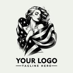 Elegant woman draped in the American flag, logo design.