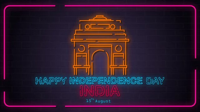 Looping 4K vertical animation of glowing neon India Gate with &ldquo;Happy Independence Day India 15th August&rdquo; on a dark brick wall. Bright, modern tribute to India's national pride.