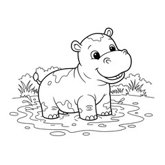 A happy cartoon hippopotamus stands in a water puddle, surrounded by grass and bushes, with a wide smile.