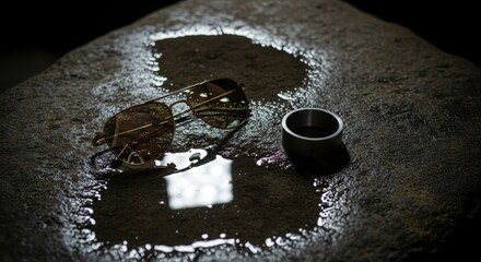 Sunglasses and Ring on Wet Cave Stone with Reflective Puddle
