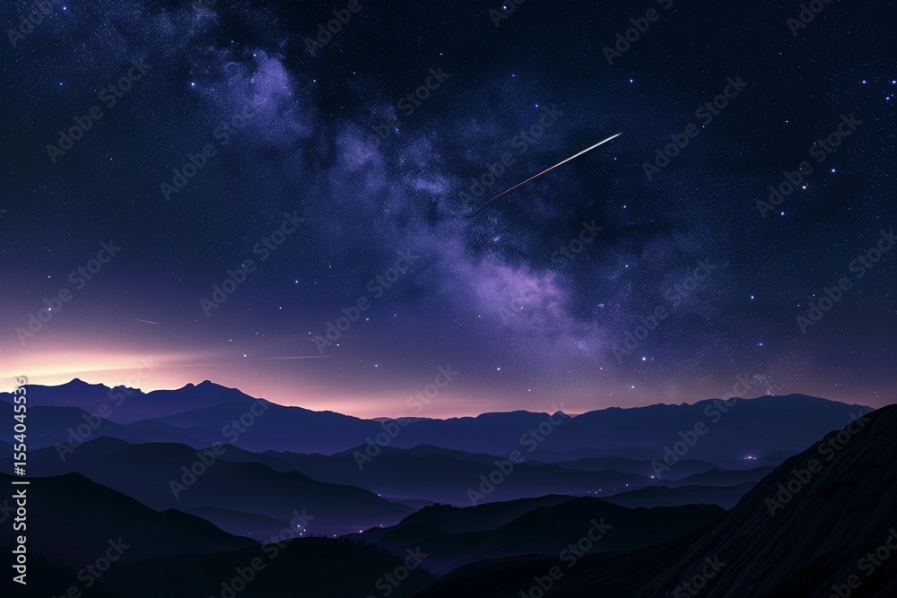 Wall mural realistic meteor shower in dark night sky above mountain landscape, long light trails, star-filled s