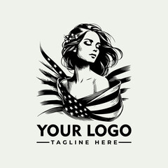 Elegant woman draped in an American flag,  a monochrome logo design.