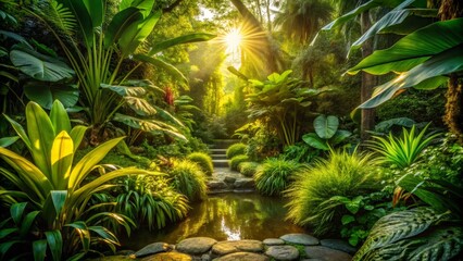 Fototapeta premium Lush Tropical Garden with Sunlight