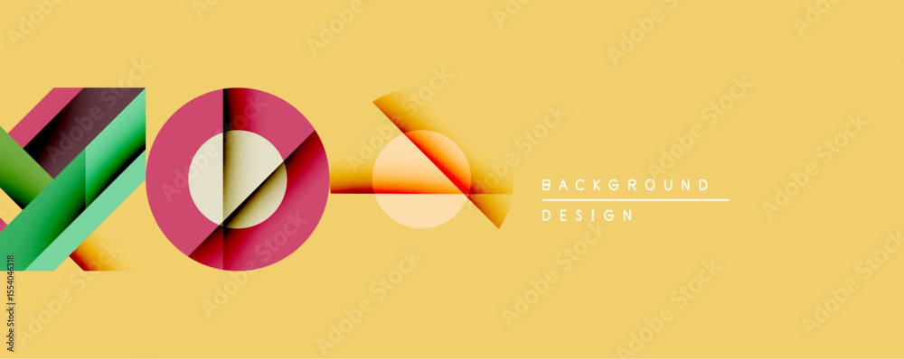 Aufkleber Abstract geometric composition. Overlapping shapes create dynamic visual effect. Warm yellow backdrop complements vibrant red, green hues. Modern design element.