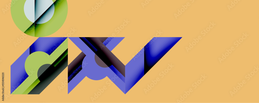 Aufkleber Abstract geometric composition. Overlapping shapes create dynamic visual interest. Colors include blue, green, silver against warm yellow backdrop. Modern design elements present.