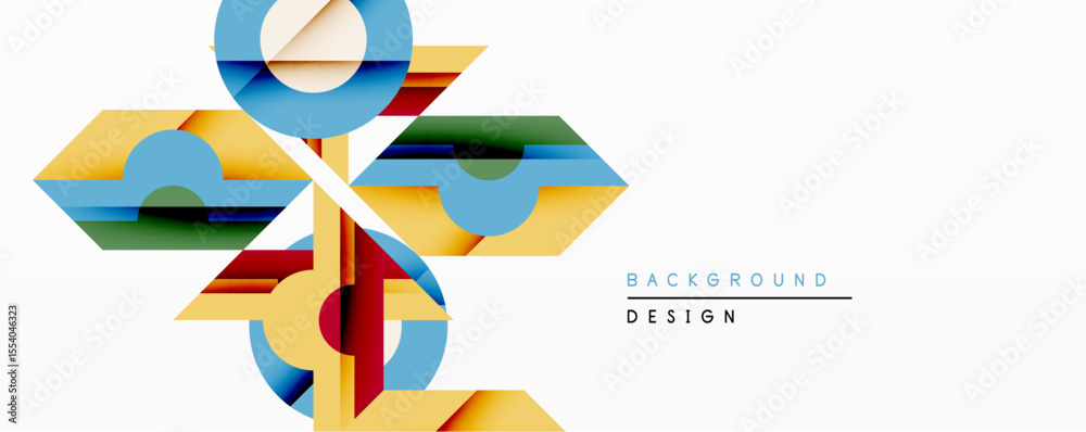 Poster Abstract geometric composition. Overlapping shapes create dynamic visual effect. Bright colors, clean lines define modern design. Minimalist aesthetic, suitable background element.
