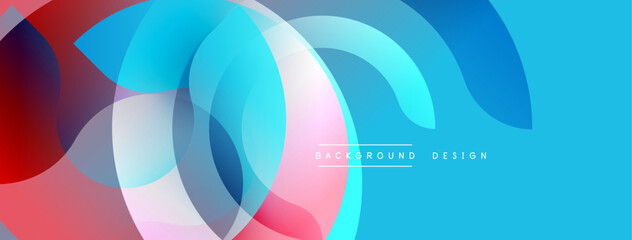 Abstract colorful shapes overlap, creating dynamic visual effect. Blue, pink, red hues blend seamlessly. Modern design element.