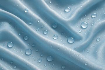 Close-up of soft flowing fabric with water droplets, creating a serene and delicate visual effect in soft blue tones.