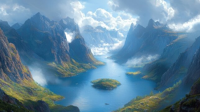 Panoramic view of a fjord nestled amongst dramatic mountains. 