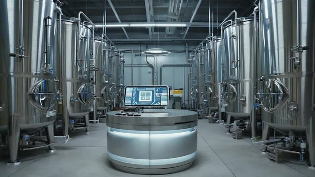 The interior of a modern brewery with rows of gleaming stainless steel fermentation tanks, symbolizing industrial brewing, craft beer production, and beverage manufacturing. Ideal for industry or food