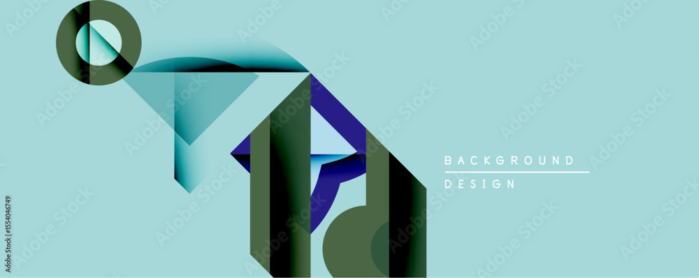 Poster abstract geometric design features overlapping shapes, gradients. blue, green, dark hues create mode