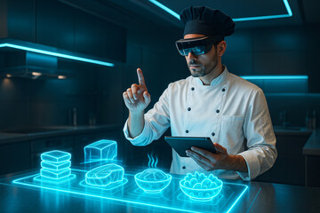 A chef in a futuristic kitchen uses AR glasses to interact with holographic food. High-tech cooking with glowing surfaces and 3D food displays.