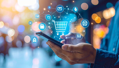 Close-up of a person shopping online using a smartphone, with holographic e-commerce icons floating around, representing digital technology and innovation.
