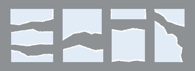 Obraz premium Torn paper pieces set. Light blue ripped paper sheet strips collection. Shapes and elements with jagged uneven edges for collage, text box, banner, sticker, poster. Vector textured cardboard fragments