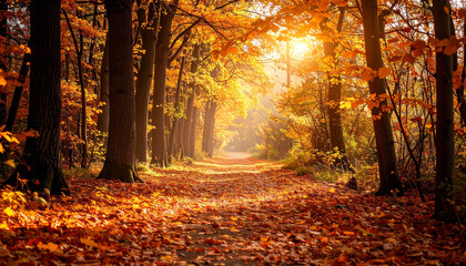 Sunlit path through autumnal forest, golden leaves carpeting the ground, trees ablaze with warm hues, creating a tranquil, inviting scene