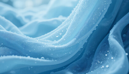 Close-up of soft flowing fabric with water droplets, creating a serene and delicate visual effect in soft blue tones.