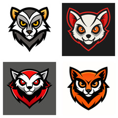 Fototapeta premium Collection of four stylized animal head logos featuring raccoon, lemur and fox designs in vibrant colors