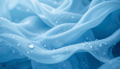 Close-up of soft flowing fabric with water droplets, creating a serene and delicate visual effect in soft blue tones.