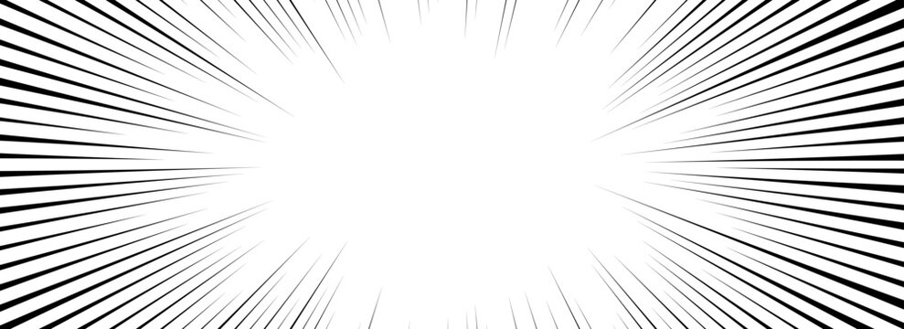 Comic speed lines background. Cartoon book explosion background. Superhero radial line pattern frame. Manga or anime sunburst wallpaper. Vector impact backdrop. Pop art flash beams or rays effect
