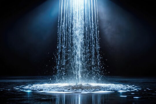 Powerful blue light illuminates cascading water streams onto a dark reflective surface
