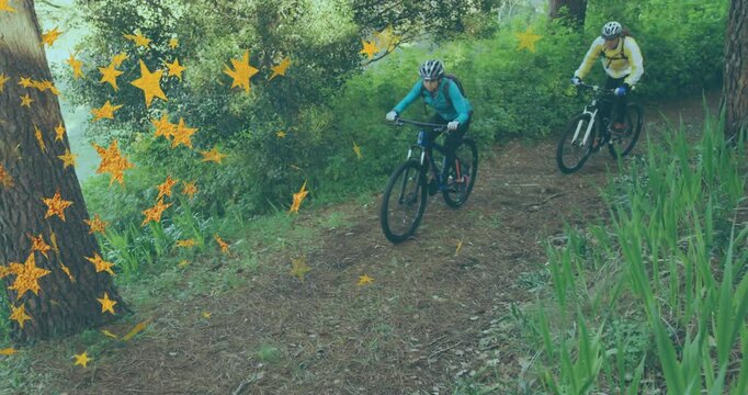 Sports cyclists entering and steering pine trail downhill while golden stars drifting across scene