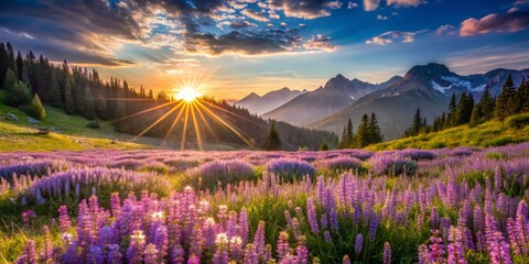 Fototapeta premium Mountain Meadow Sunrise with Wildflowers