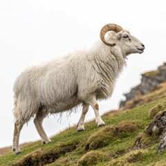 Fototapeta premium White Ram on Hillside, Sheep, Fluffy Wool, Ram, Highland Sheep