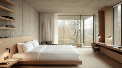 Modern bedroom with large windows showcasing a tranquil forest view.