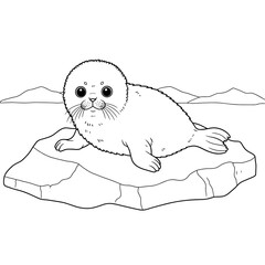 A cute seal pup lies on an ice floe, gazing up with big round eyes against a snowy mountain backdrop.