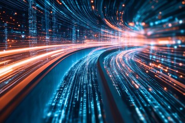 Digital data stream tunnel with orange and blue light trails for technology and future concepts
