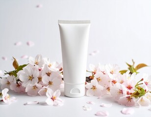 桜の香りのハンドクリームと花びらの構図