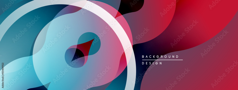Poster abstract design features layered circles, flowing shapes. colors include blue, red, purple gradients