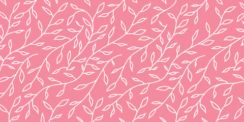 Fototapeta premium Seamless outline leaf pattern on pink background. Elegant botanical vector perfect for fabric, wallpaper, packaging, stationery, nature themes, and spring or feminine design projects.