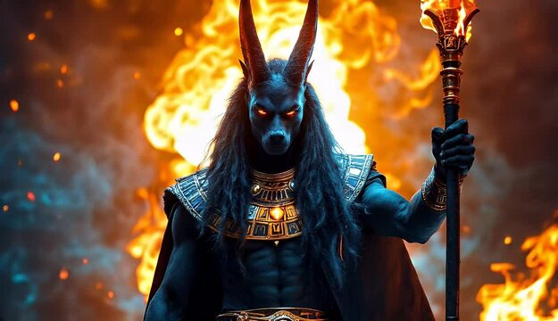 Anubis, the Egyptian god of the dead, depicted in a dramatic, fiery scene.  Powerful and intense.