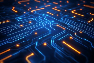 Futuristic Circuit Board Design with Glowing Connections for High-Tech Innovation and Data Transfer