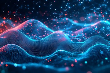 Abstract technology background with glowing particles and blue neon waves, data visualization