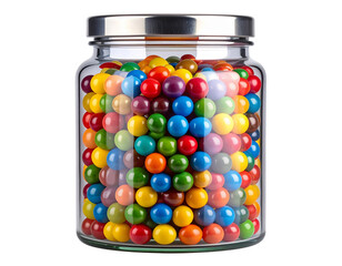  Clear glass jar filled with multicolored candy balls, front view, isolated on transparent background PNG