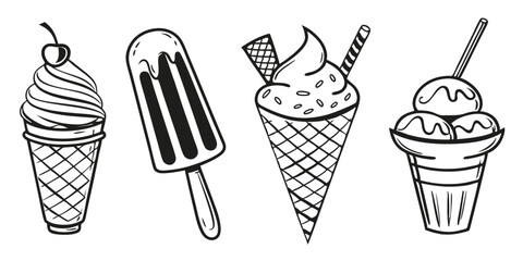 Frozen Treat Outline Icons – Ice Cream Cones, Popsicles & Cup Desserts