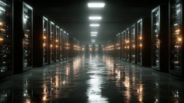 Dark server room corridor
