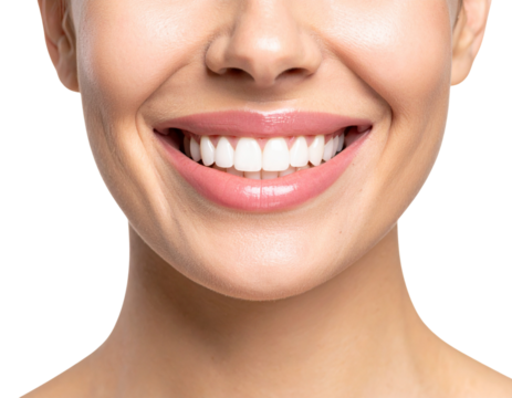 Close-up of bright healthy smile showing white teeth and gums, isolated on transparent background PNG