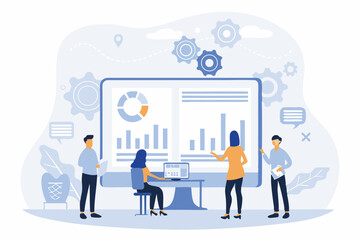 vector business data analytics research and Data Scientist concept. set illustration design marketing team meeting and working on report dashboard monitor. business finance investment planning