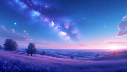 A serene twilight scene of rolling hills under a starry sky filled with galaxies.