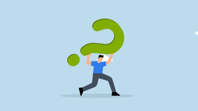 4k animation of frustrated trying businessman carrying heavy burden of big question mark