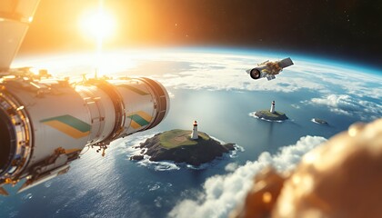 Futuristic spacecraft in orbit, overlooking Earth and a serene landscape at sunrise.