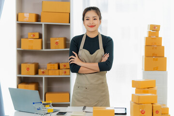 Young Asian girl is a freelancer who has her own business at home. Working with laptop, young woman...
