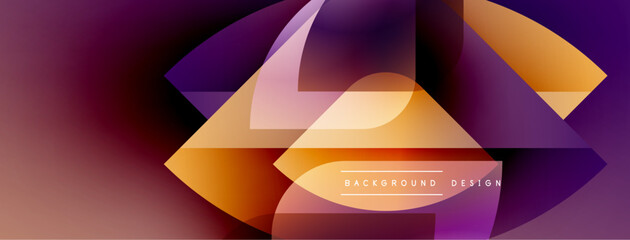 Abstract geometric shapes blend vibrant orange, purple hues. Modern design creates dynamic visual effect. Smooth gradients dominate composition.