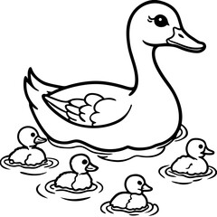 Obraz premium Cute cartoon mother duck and her ducklings swimming in the water