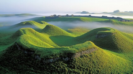 Mystical landscape with ancient ruins nestled amongst rolling green hills at dawn