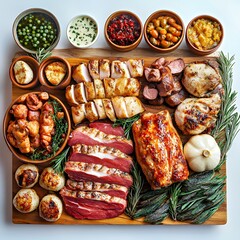An exquisite spread of assorted meats, garnished with herbs and delicious sides.